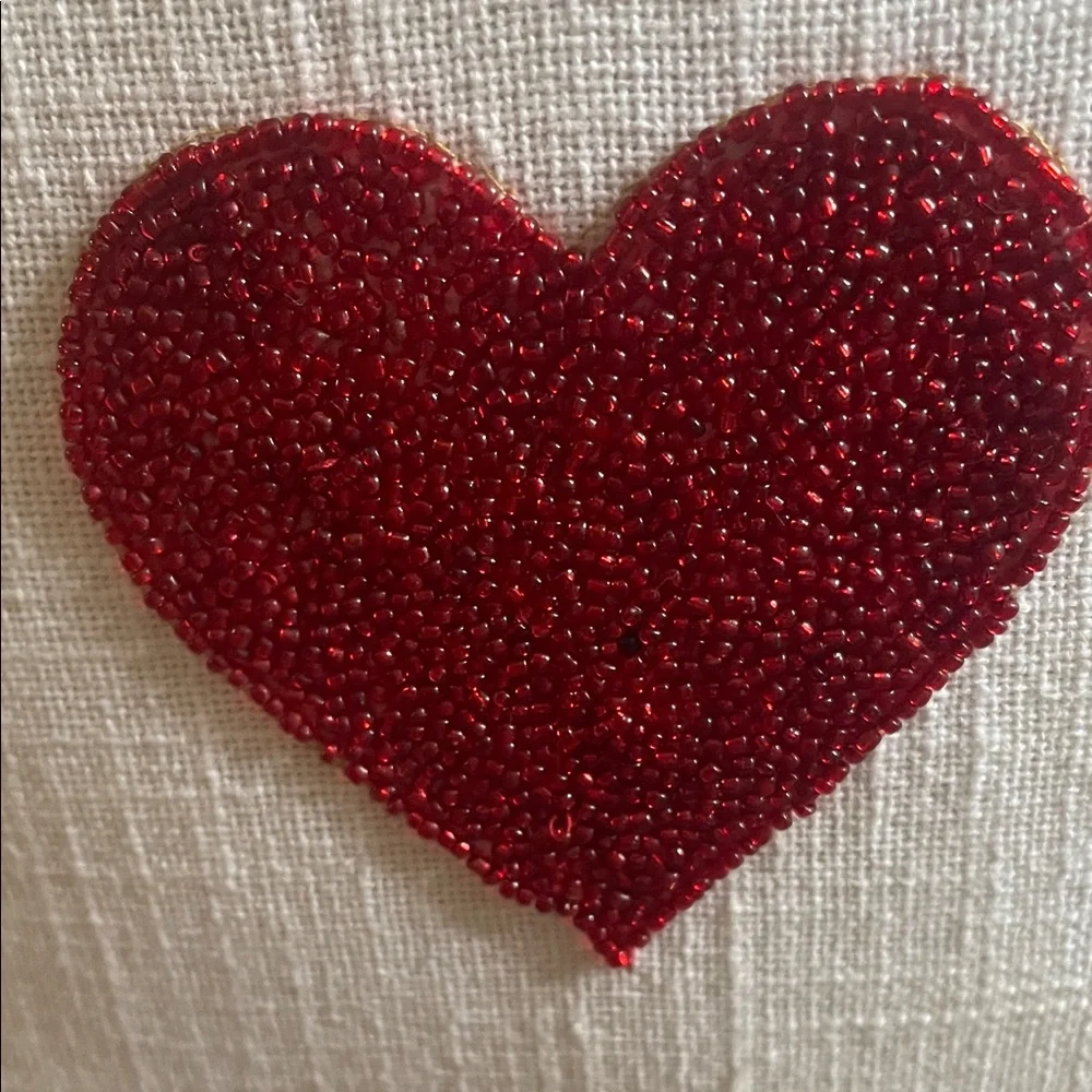 White Pillow with Red Beaded Heart and Gold Beaded Text